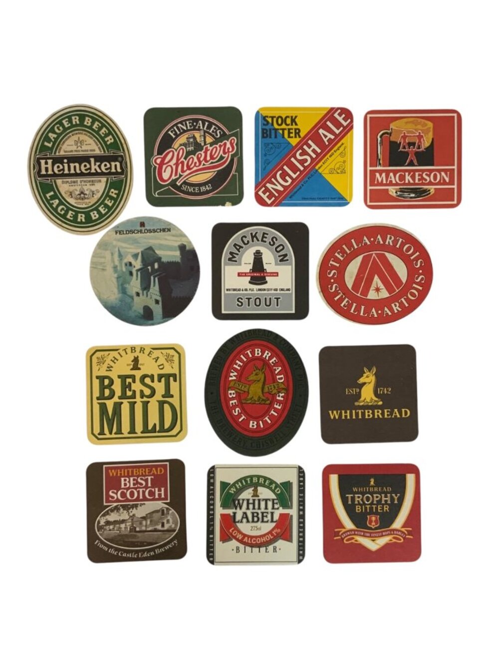 Beer Coaster Lot  of 13 Featuring Heineken Stella Artois & Whitbread Breweriana